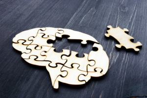 Brain from wooden puzzles. Mental Health and problems with memory.