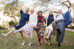 Elderly women enjoying fun activities outside