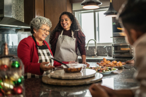 A woman shares new traditions baking with her aging mother in the kitchen and enjoys a stress-free holiday season.