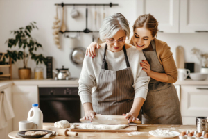 A woman uses culinary tips for dementia care to help care for her aging mother.